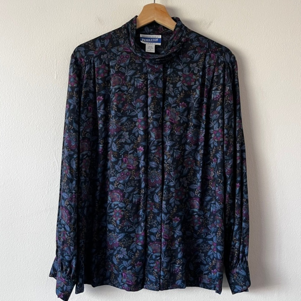 Pendleton Vintage High Neck‎ Long Sleeve Button Down Blouse Blue Floral size 12